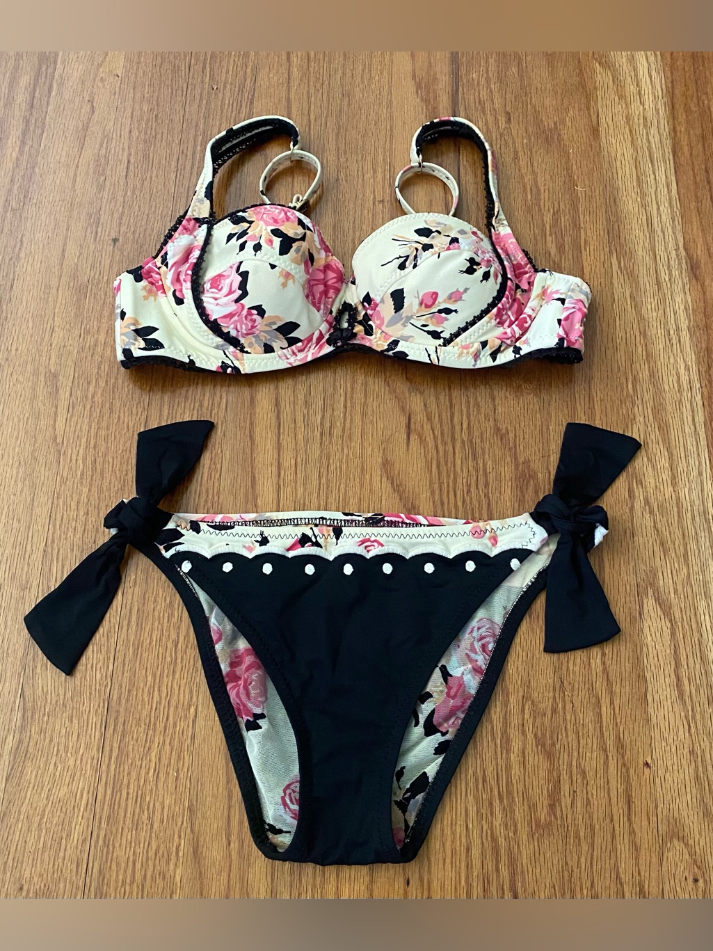 Betsey Johnson Pink Label Black Floral Tie-Side Bikini Set